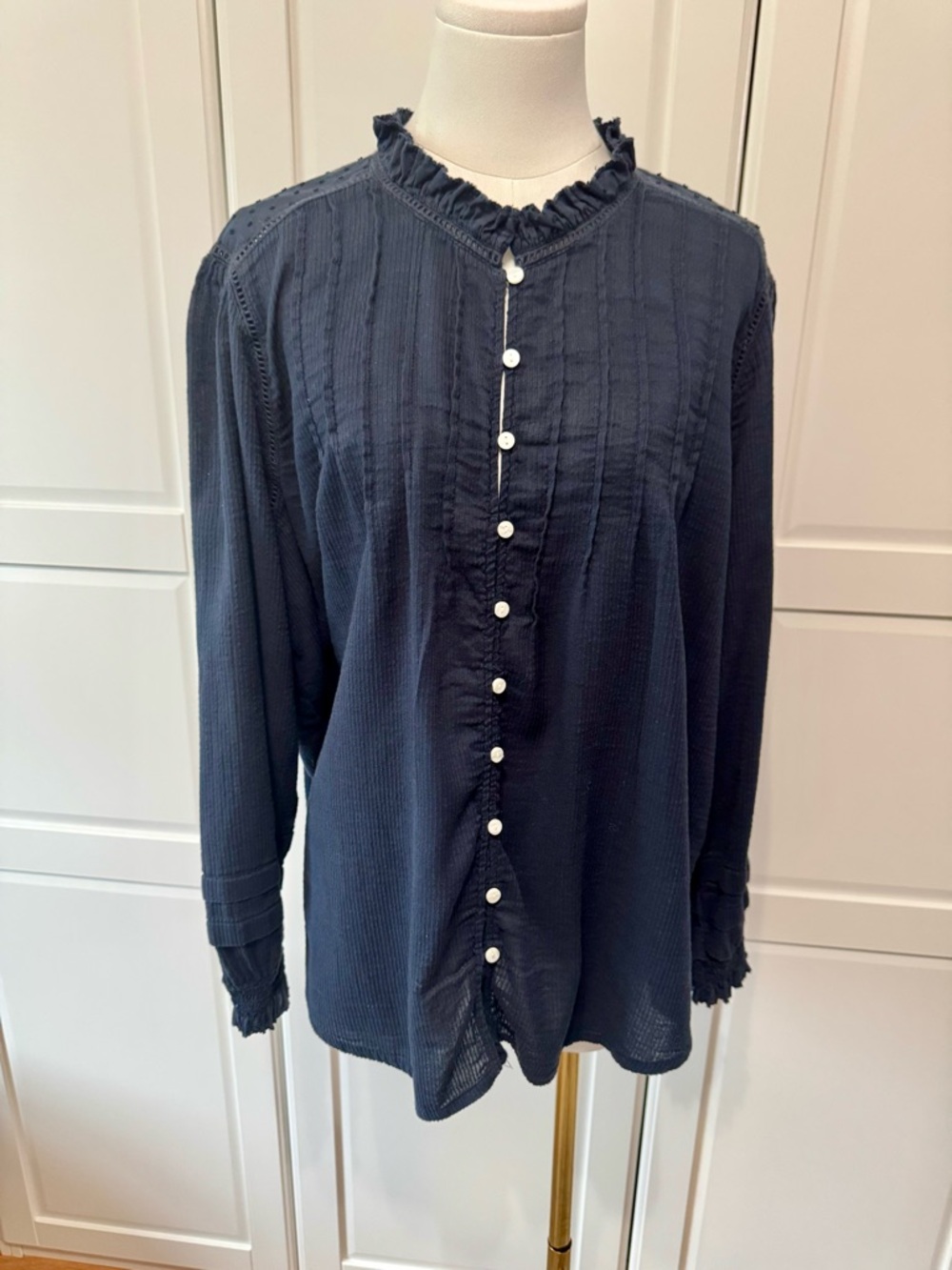 Quince Organic Textured Cotton Peasant Classic Navy Ruffle Sleeve‎ Blouse XL - Picture 13 of 14